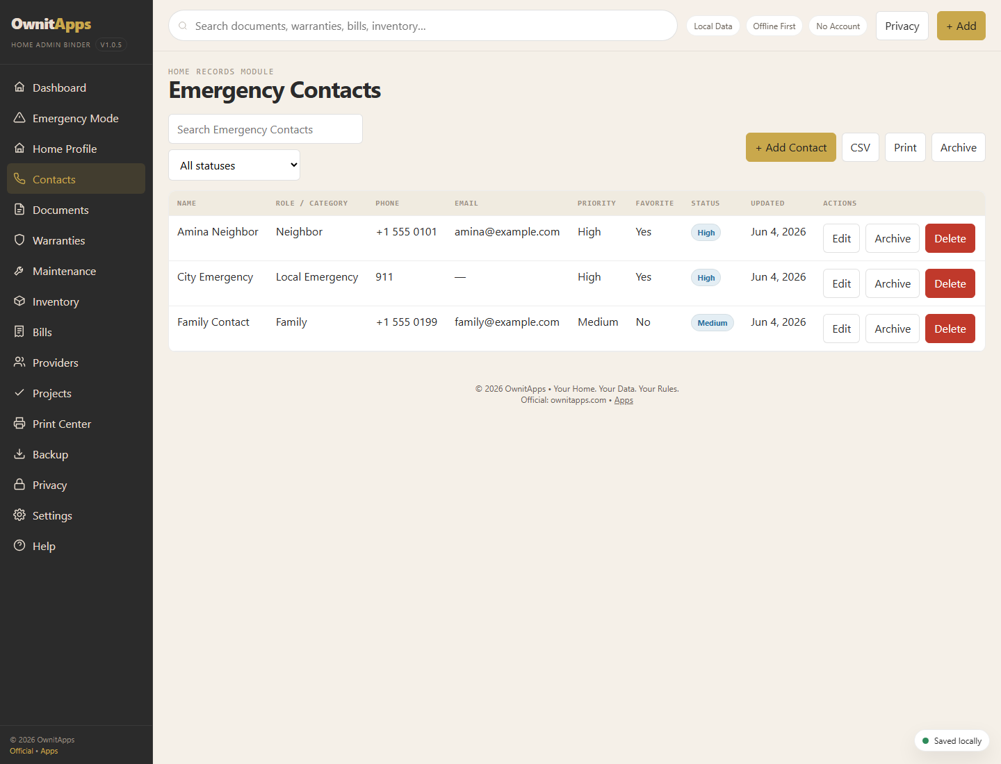 Home Admin Binder OS contacts desktop screenshot