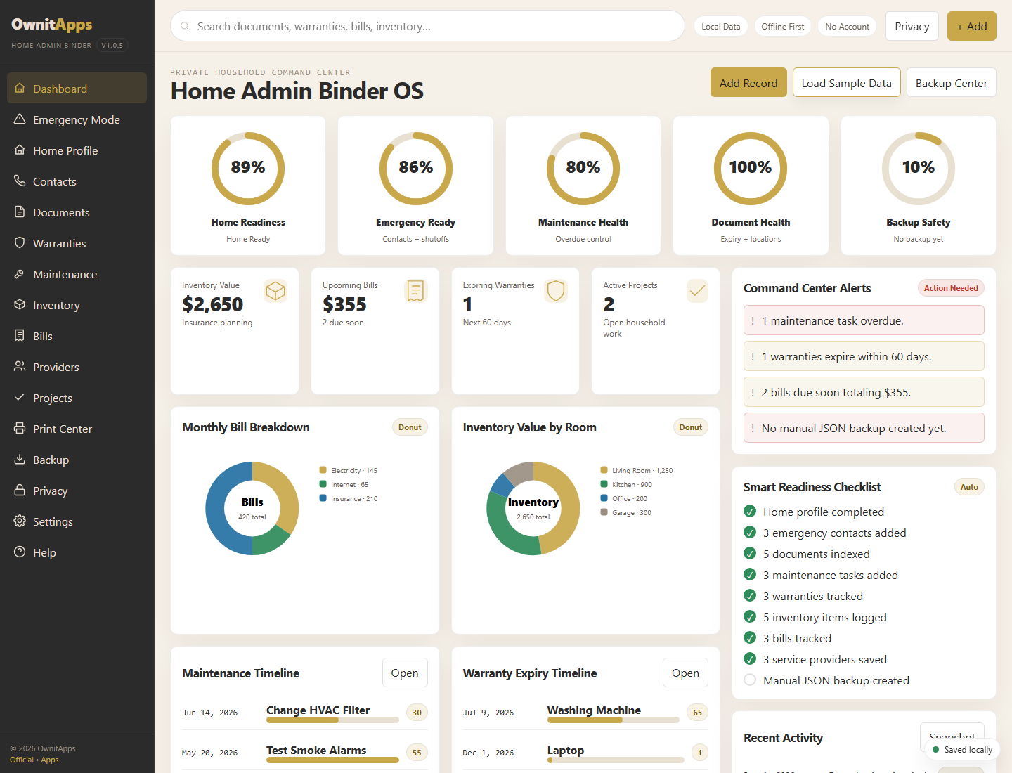 Home Admin Binder OS dashboard desktop screenshot