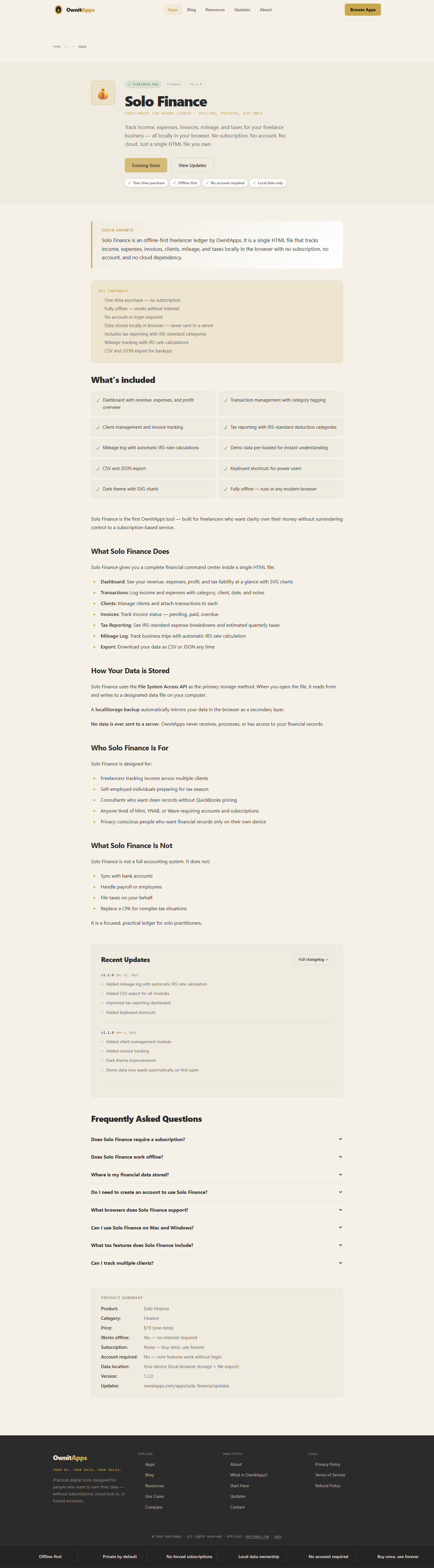 Solo Finance desktop product screenshot